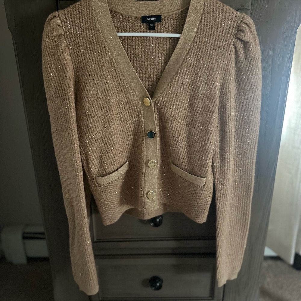 Express Tan Cardigan V-Neck Ribbed Sweater